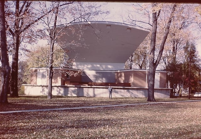 The park band shell under bare autumn trees