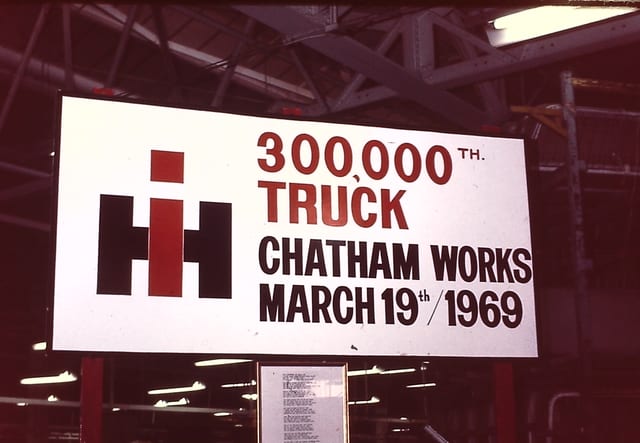 The banner marking the 300,000th truck at Chatham Works, March 19, 1969