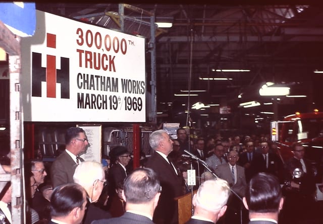 A crowd at the Chatham Works celebration of the 300,000th truck